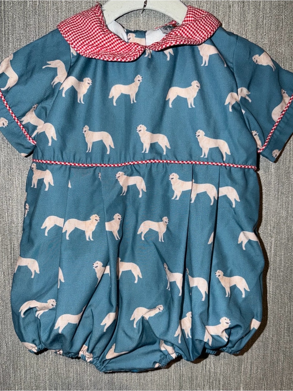 Boys Blue Dog-Print Bubble with Red Gingham